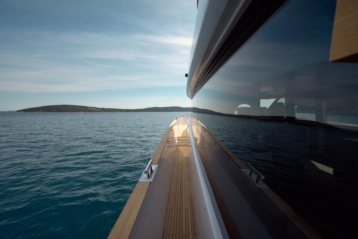 Exterior view of Ava II, a Azimut Magellano 66 motor yacht at Lavreotiki, Greece
