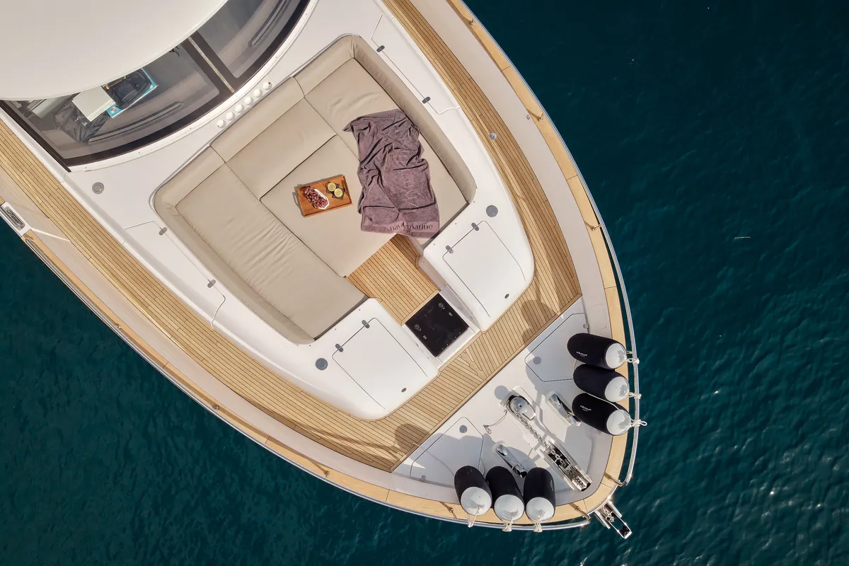 Exterior view of Ava II, a Azimut Magellano 66 motor yacht at Lavreotiki, Greece