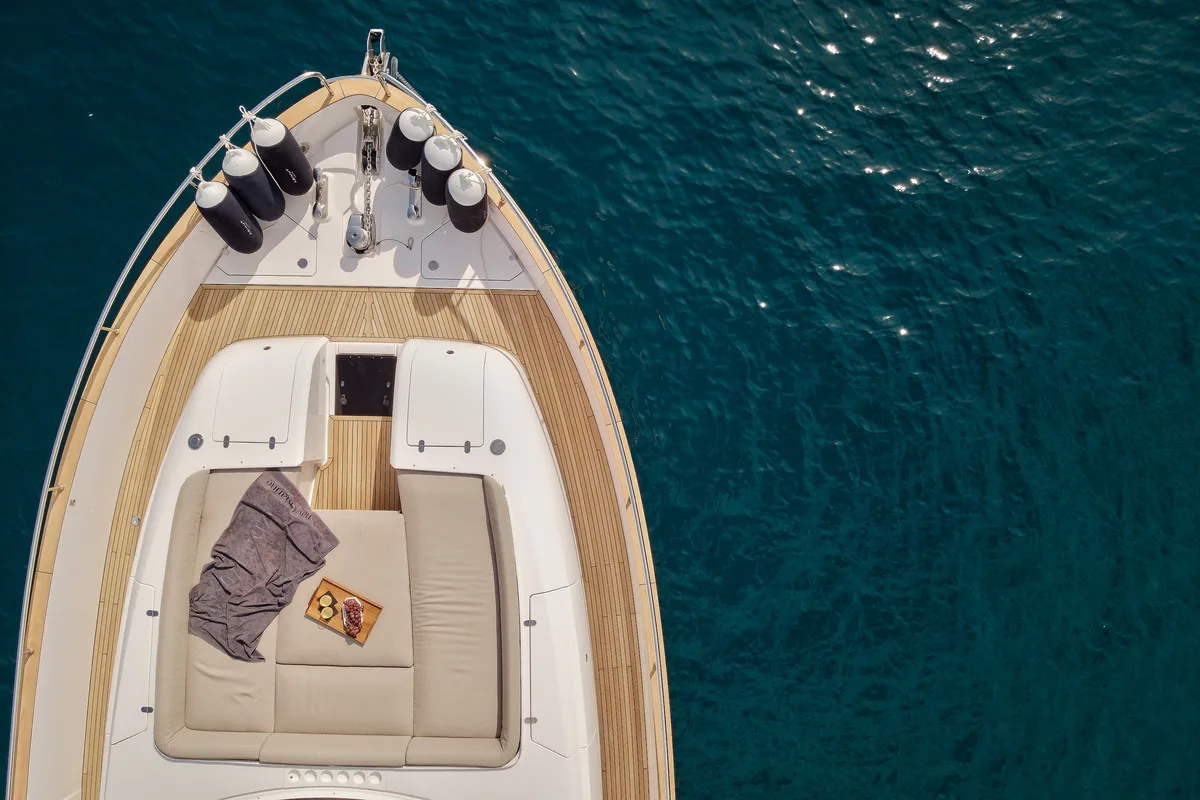 Exterior view of Ava II, a Azimut Magellano 66 motor yacht at Lavreotiki, Greece