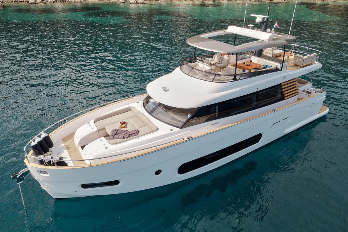 Exterior view of Ava II, a Azimut Magellano 66 motor yacht at Lavreotiki, Greece