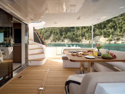 Deck of Ava II, a Azimut Magellano 66 motor yacht at Lavreotiki, Greece