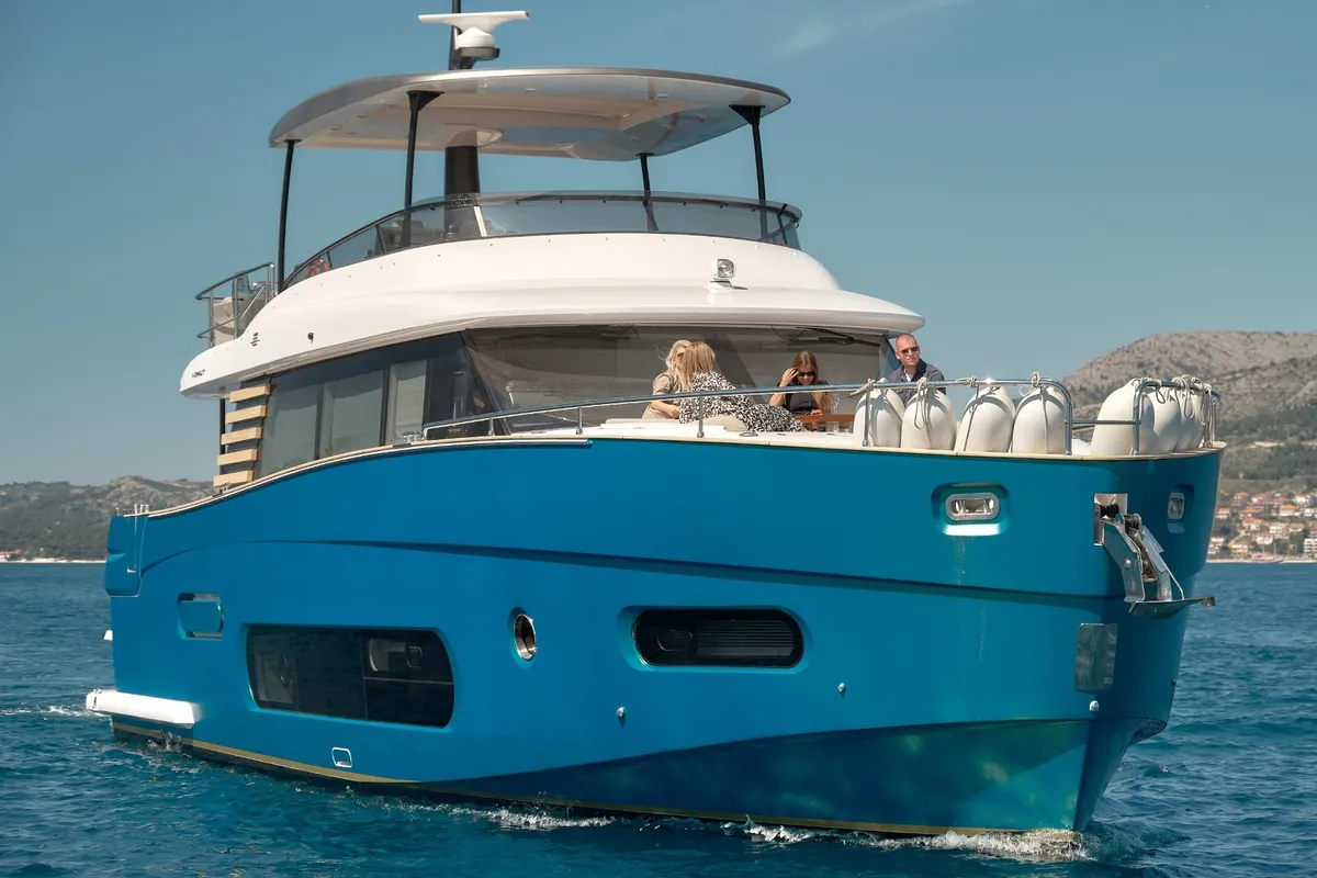 Exterior view of Ava II, a Azimut Magellano 66 motor yacht at Lavreotiki, Greece