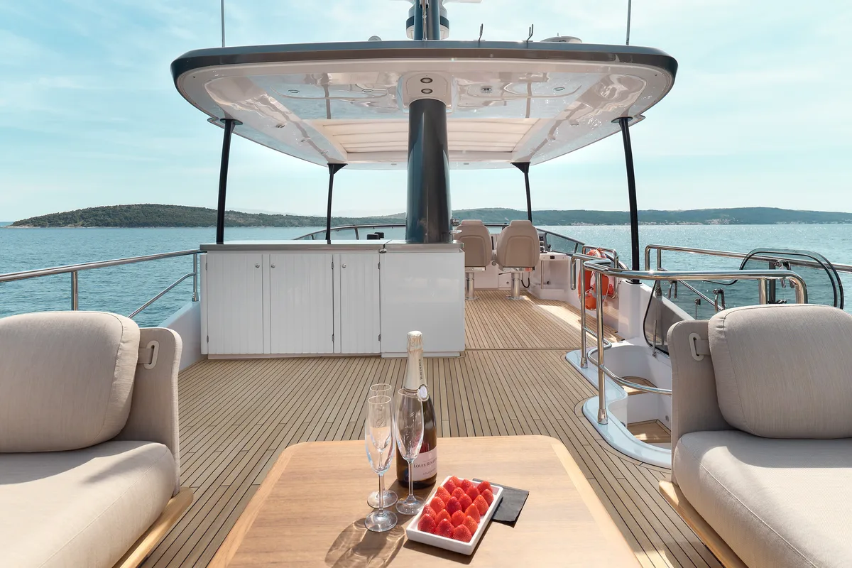 Deck of Ava II, a Azimut Magellano 66 motor yacht at Lavreotiki, Greece