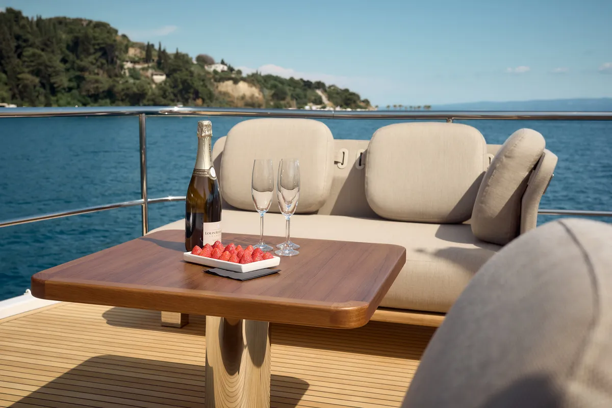 Deck of Ava II, a Azimut Magellano 66 motor yacht at Lavreotiki, Greece