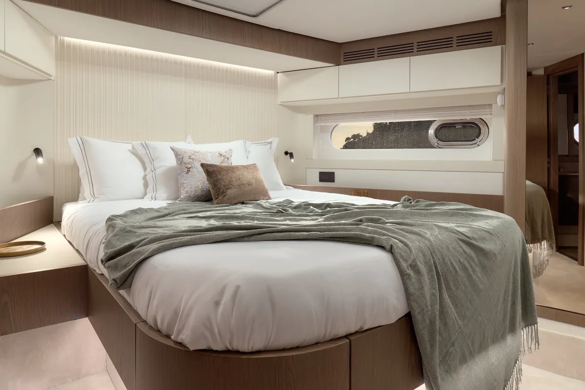 Cabin on Ava II, a Azimut Magellano 66 motor yacht at Lavreotiki, Greece