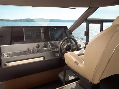 Cockpit of Ava II, a Azimut Magellano 66 motor yacht at Lavreotiki, Greece