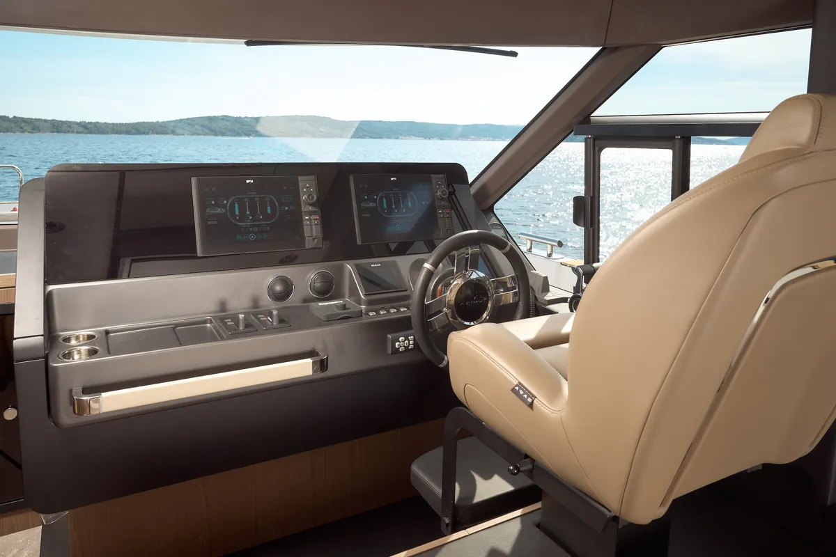 Cockpit of Ava II, a Azimut Magellano 66 motor yacht at Lavreotiki, Greece