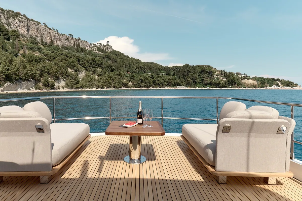 Deck of Ava II, a Azimut Magellano 66 motor yacht at Lavreotiki, Greece
