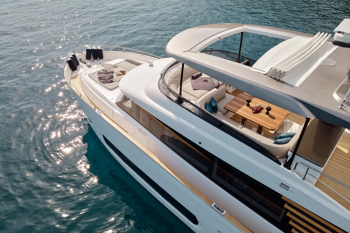 Exterior view of Ava II, a Azimut Magellano 66 motor yacht at Lavreotiki, Greece
