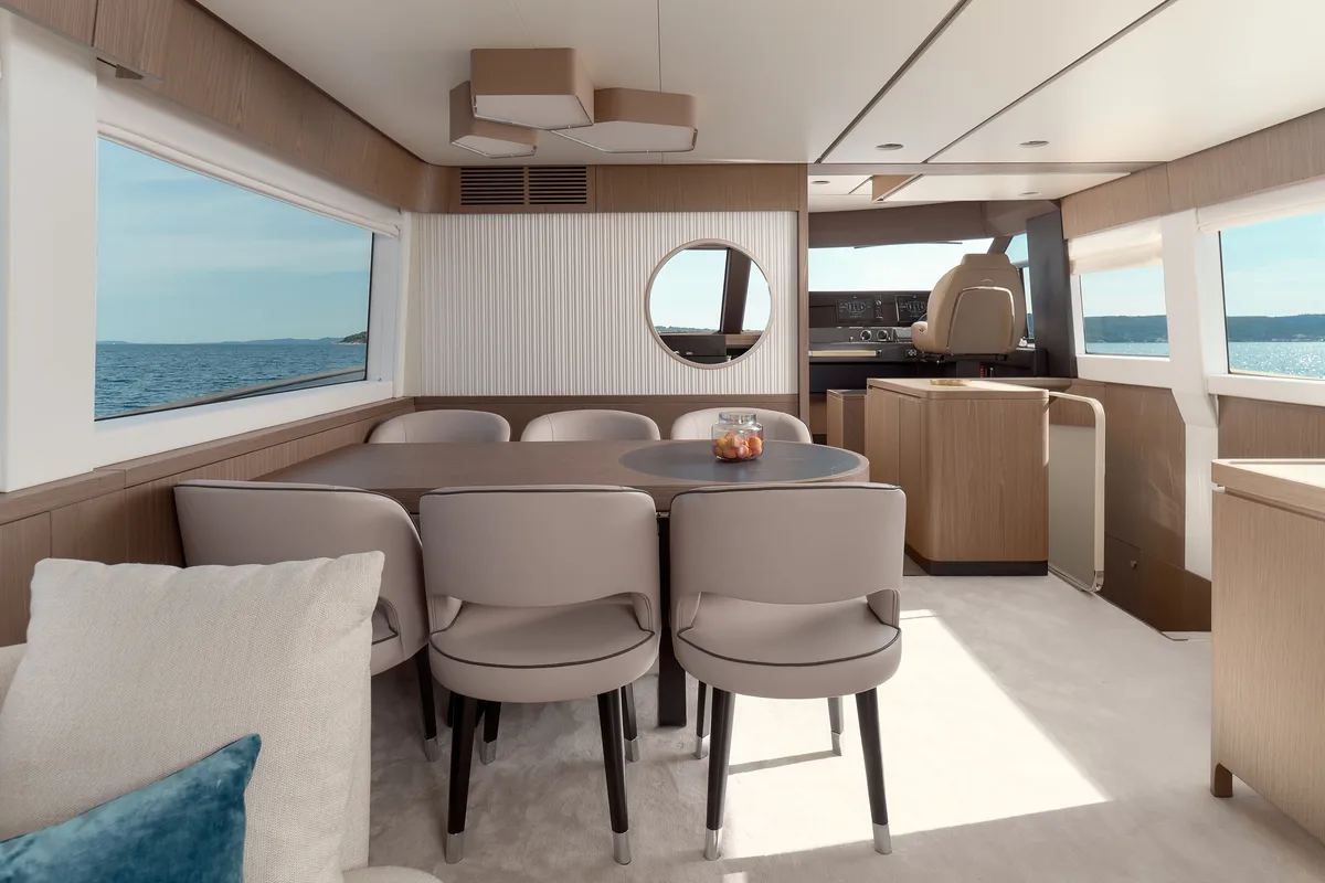 Salon of Ava II, a Azimut Magellano 66 motor yacht at Lavreotiki, Greece