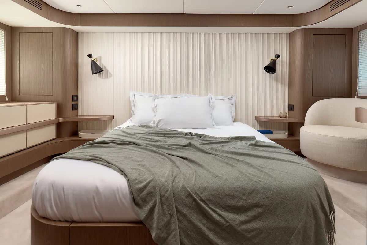 Cabin on Ava II, a Azimut Magellano 66 motor yacht at Lavreotiki, Greece