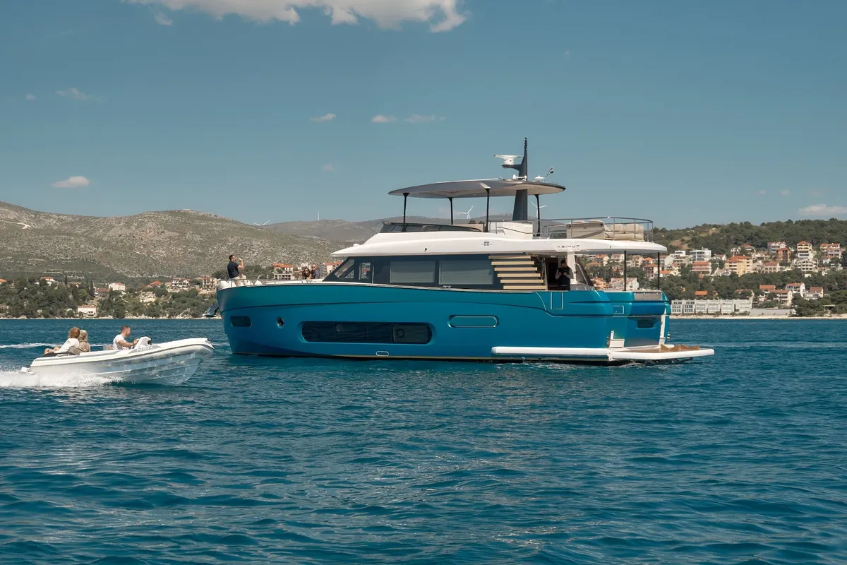 Exterior view of Ava II, a Azimut Magellano 66 motor yacht at Lavreotiki, Greece