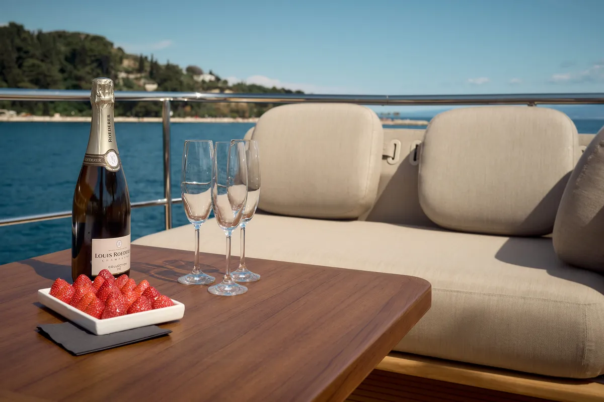 Deck of Ava II, a Azimut Magellano 66 motor yacht at Lavreotiki, Greece