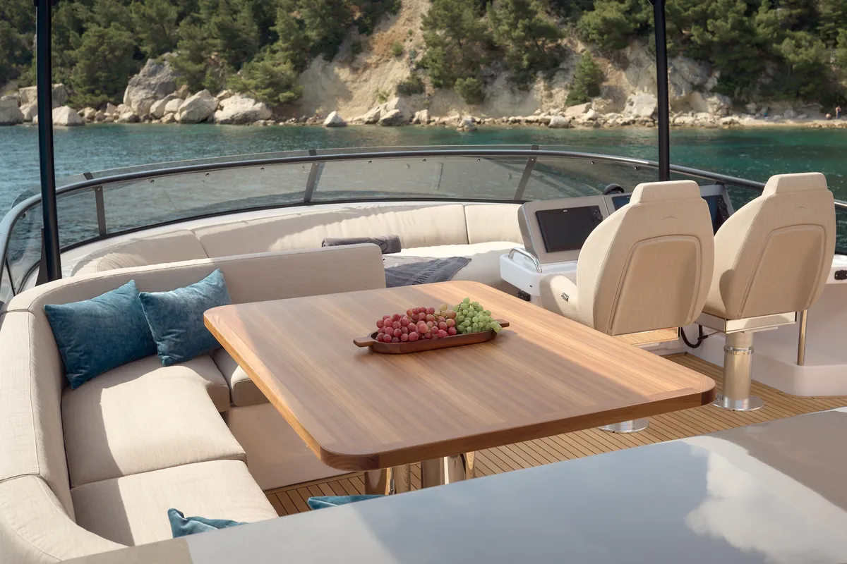 Cockpit of Ava II, a Azimut Magellano 66 motor yacht at Lavreotiki, Greece
