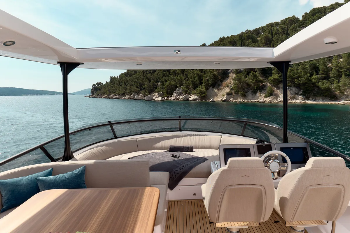 Cockpit of Ava II, a Azimut Magellano 66 motor yacht at Lavreotiki, Greece