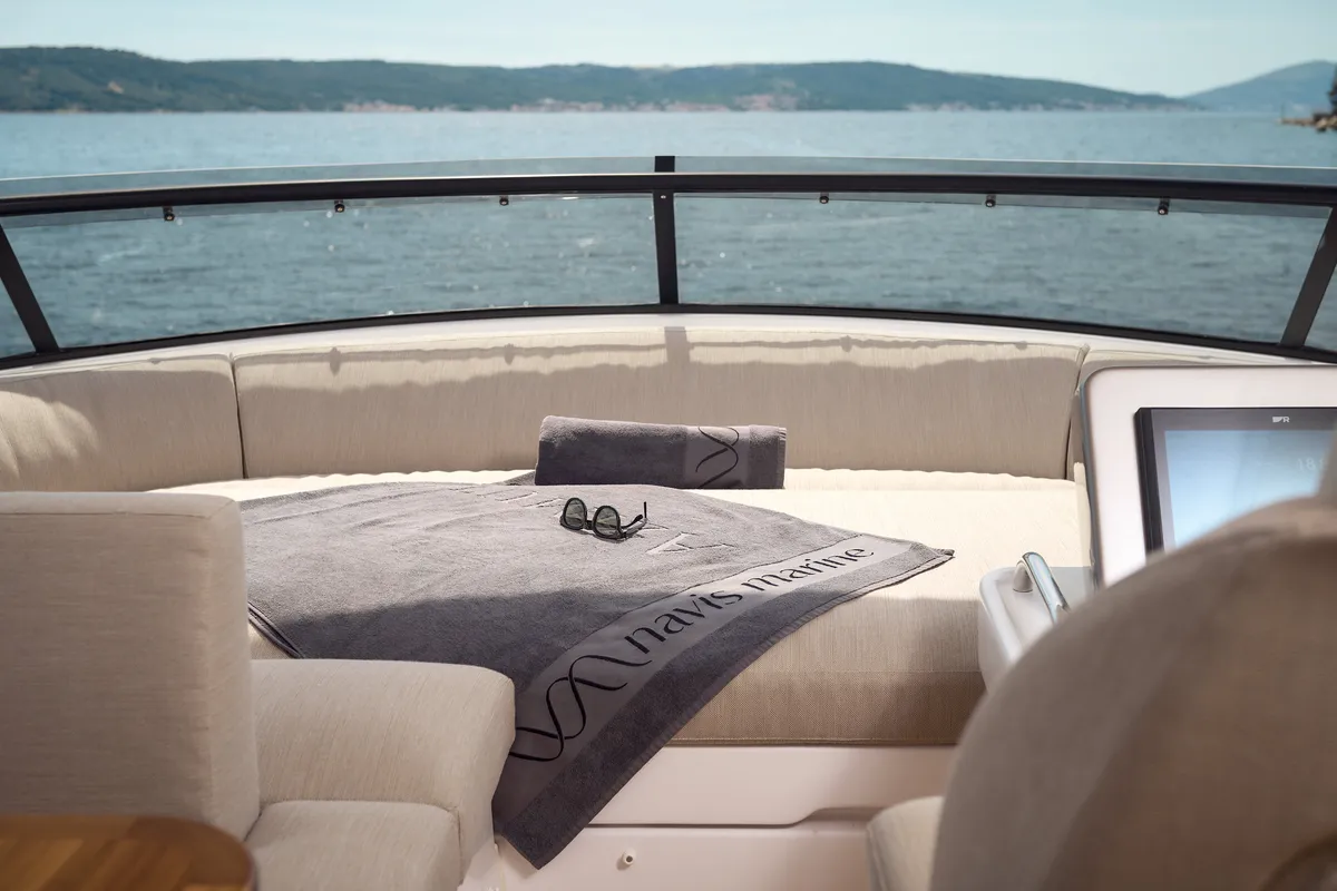 Cockpit of Ava II, a Azimut Magellano 66 motor yacht at Lavreotiki, Greece