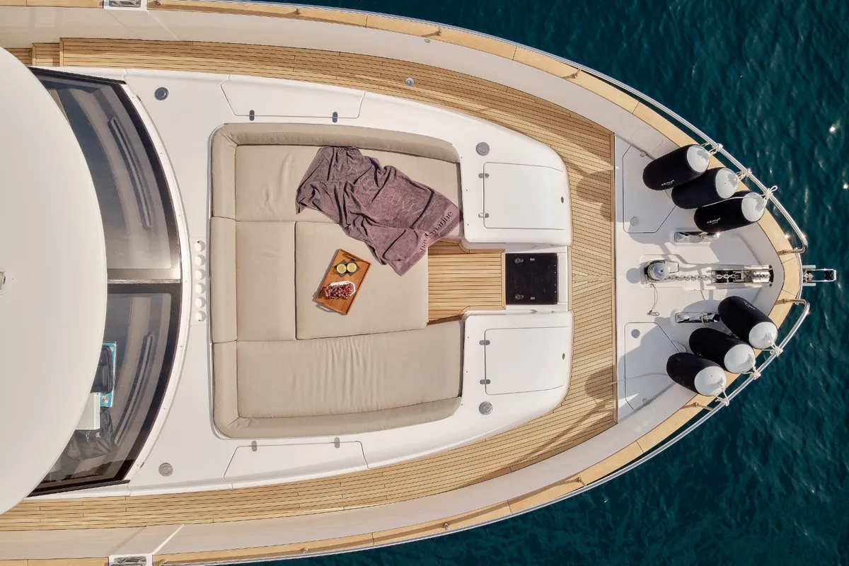 Deck of Ava II, a Azimut Magellano 66 motor yacht at Lavreotiki, Greece