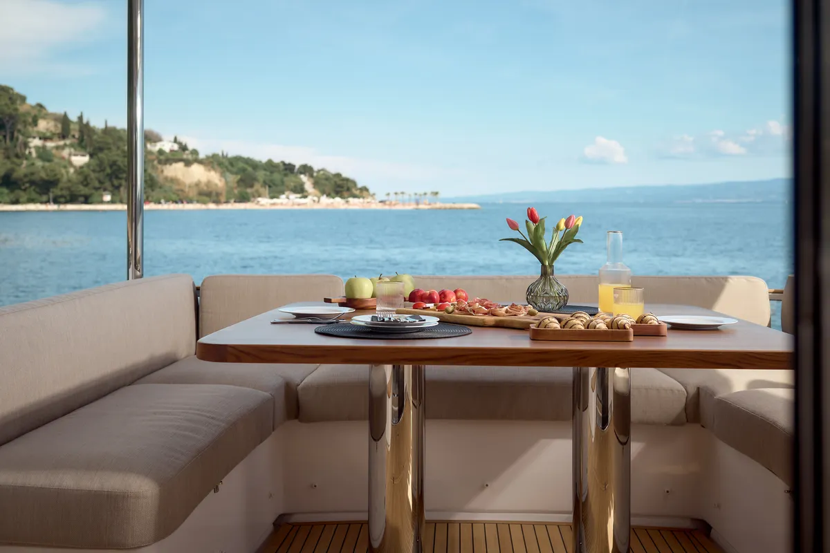 Deck of Ava II, a Azimut Magellano 66 motor yacht at Lavreotiki, Greece
