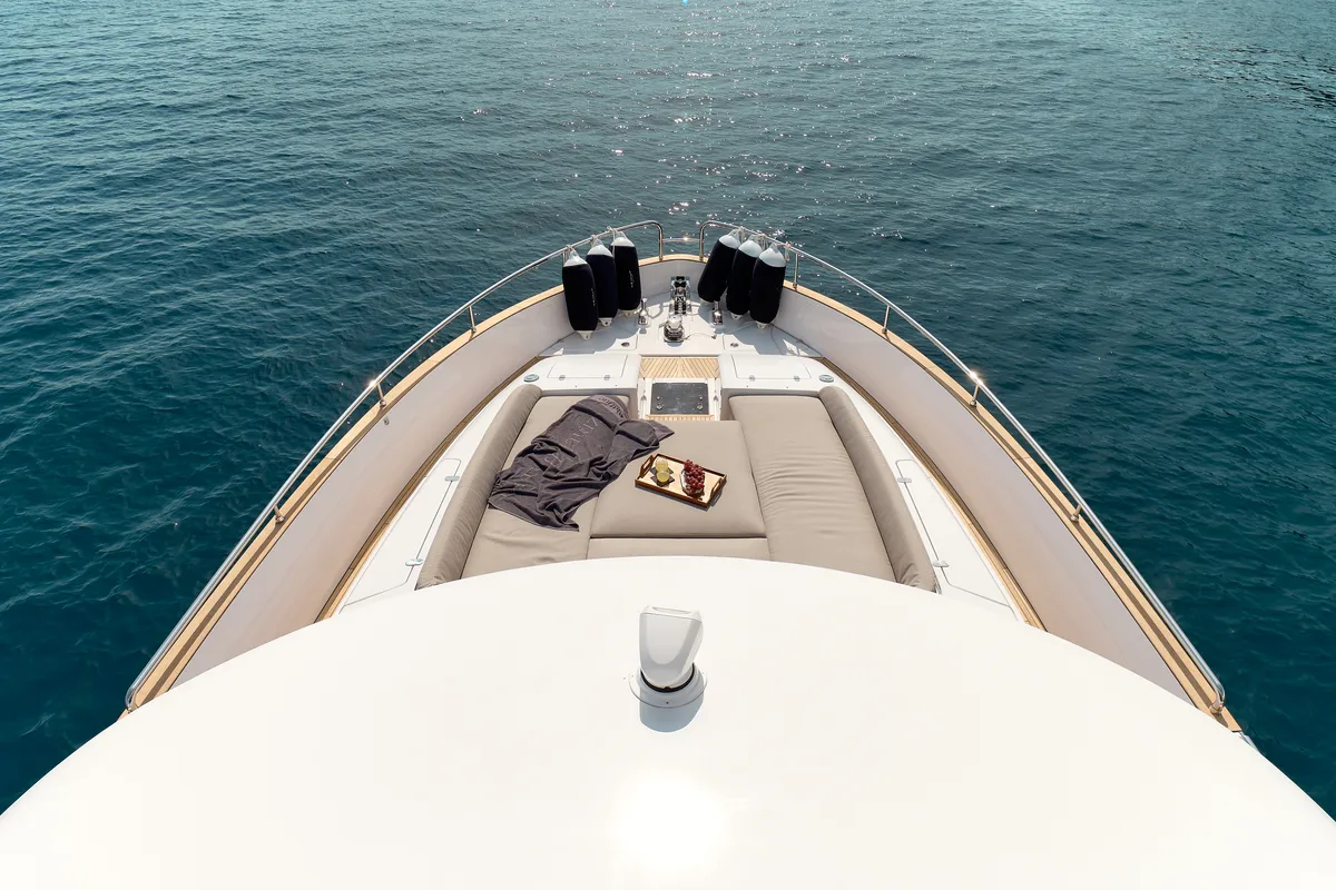 Deck of Ava II, a Azimut Magellano 66 motor yacht at Lavreotiki, Greece