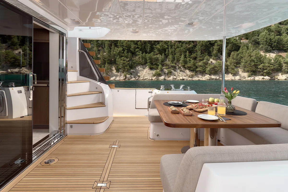 Deck of Ava II, a Azimut Magellano 66 motor yacht at Lavreotiki, Greece