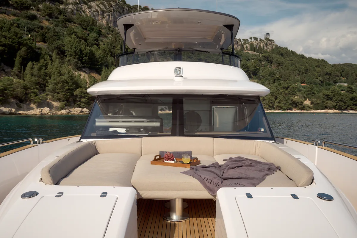 Deck of Ava II, a Azimut Magellano 66 motor yacht at Lavreotiki, Greece