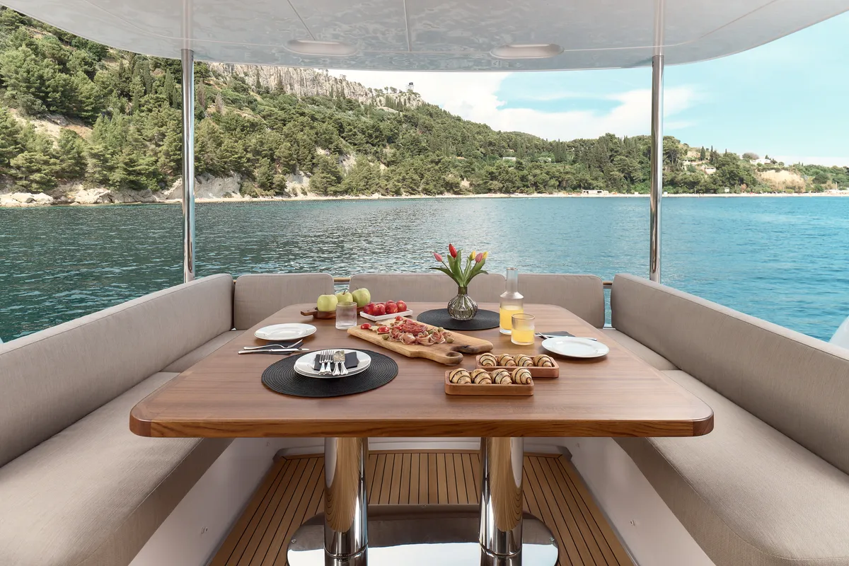 Deck of Ava II, a Azimut Magellano 66 motor yacht at Lavreotiki, Greece