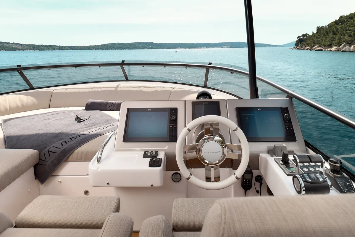 Cockpit of Ava II, a Azimut Magellano 66 motor yacht at Lavreotiki, Greece
