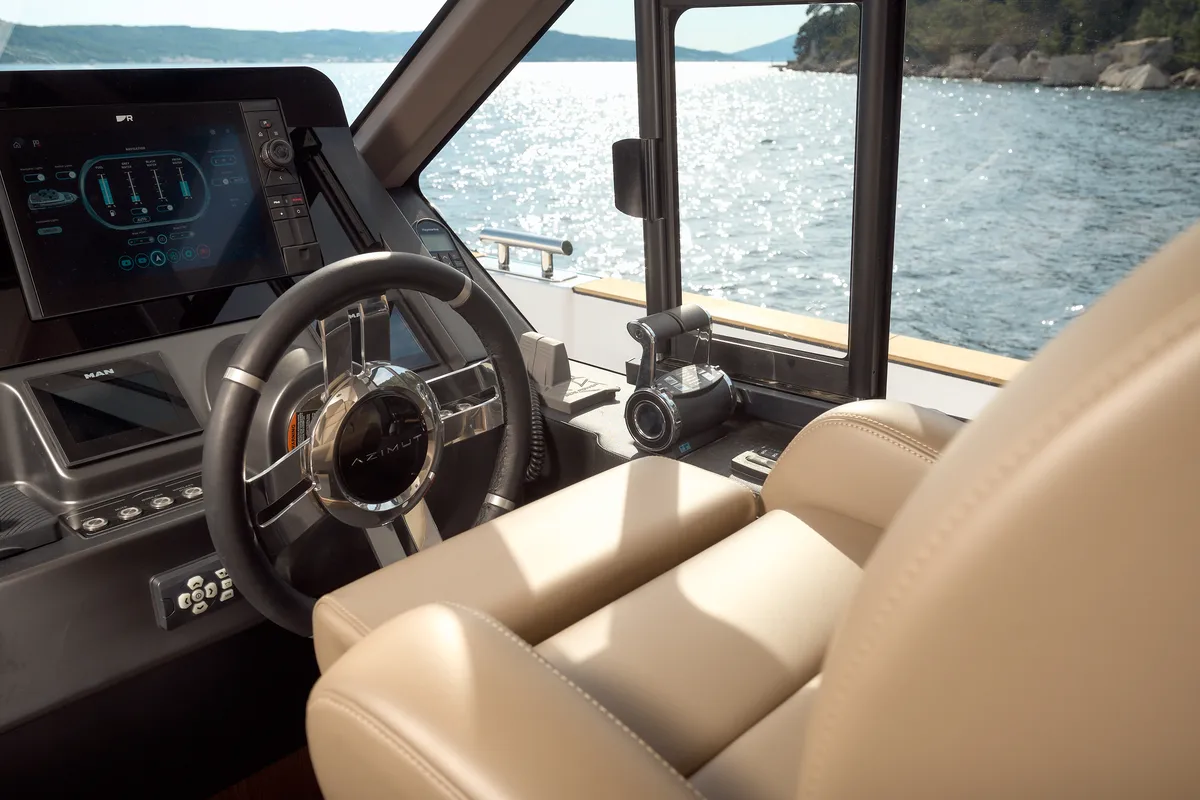 Cockpit of Ava II, a Azimut Magellano 66 motor yacht at Lavreotiki, Greece
