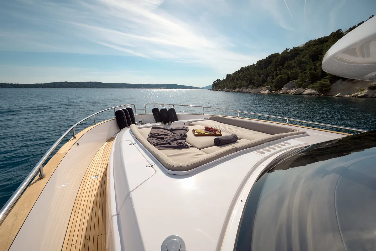 Deck of Ava II, a Azimut Magellano 66 motor yacht at Lavreotiki, Greece