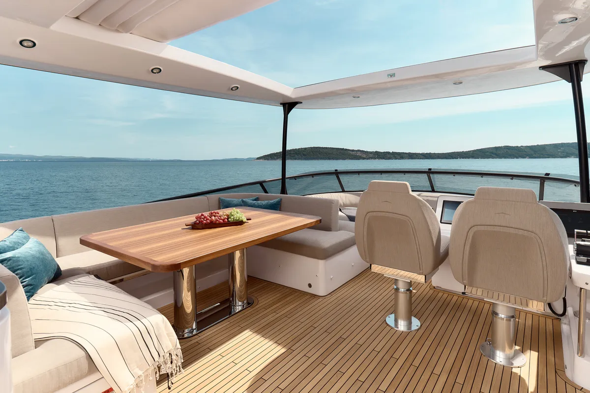 Deck of Ava II, a Azimut Magellano 66 motor yacht at Lavreotiki, Greece