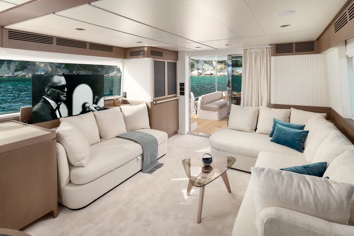 Salon of Ava II, a Azimut Magellano 66 motor yacht at Lavreotiki, Greece