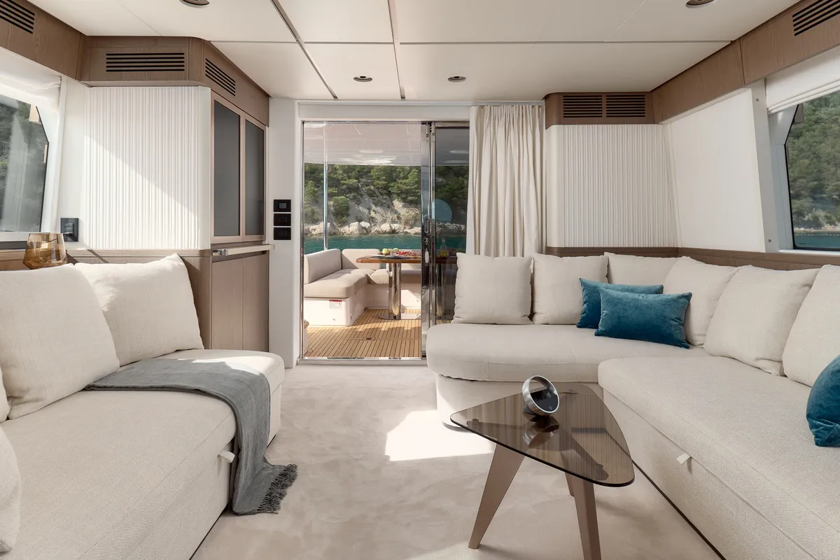 Salon of Ava II, a Azimut Magellano 66 motor yacht at Lavreotiki, Greece