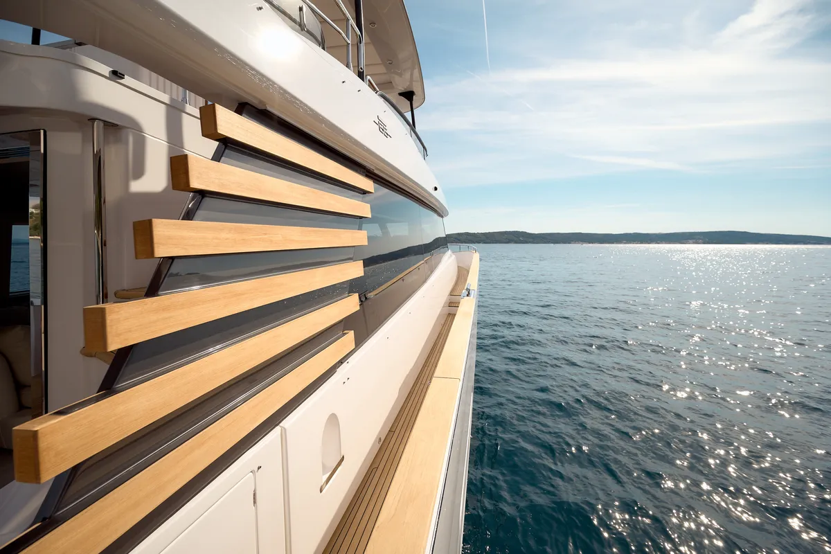 Exterior view of Ava II, a Azimut Magellano 66 motor yacht at Lavreotiki, Greece