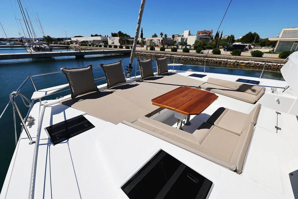 Deck of Hermine, a Bali 4.6 catamaran at Seget Donji, Croatia