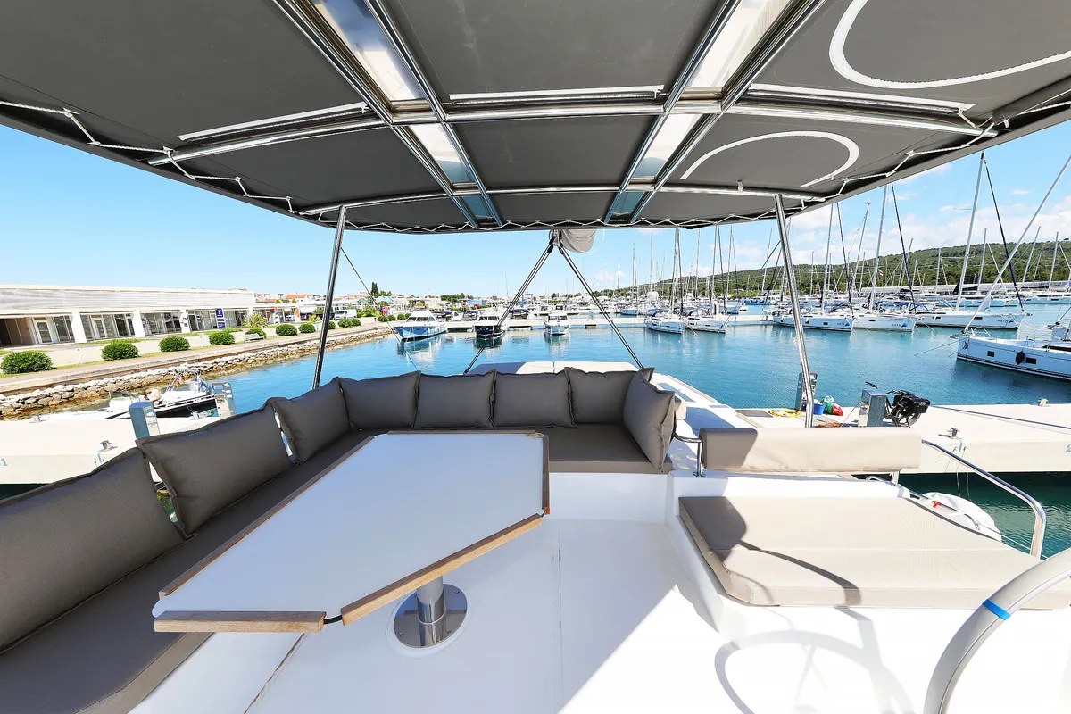 Deck of Hermine, a Bali 4.6 catamaran at Seget Donji, Croatia