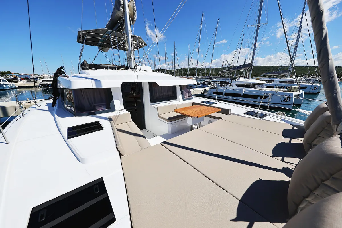 Deck of Hermine, a Bali 4.6 catamaran at Seget Donji, Croatia