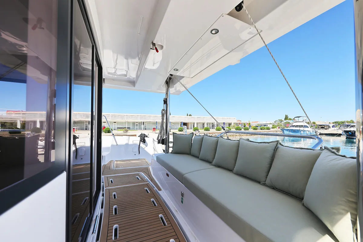 Deck of Hermine, a Bali 4.6 catamaran at Seget Donji, Croatia
