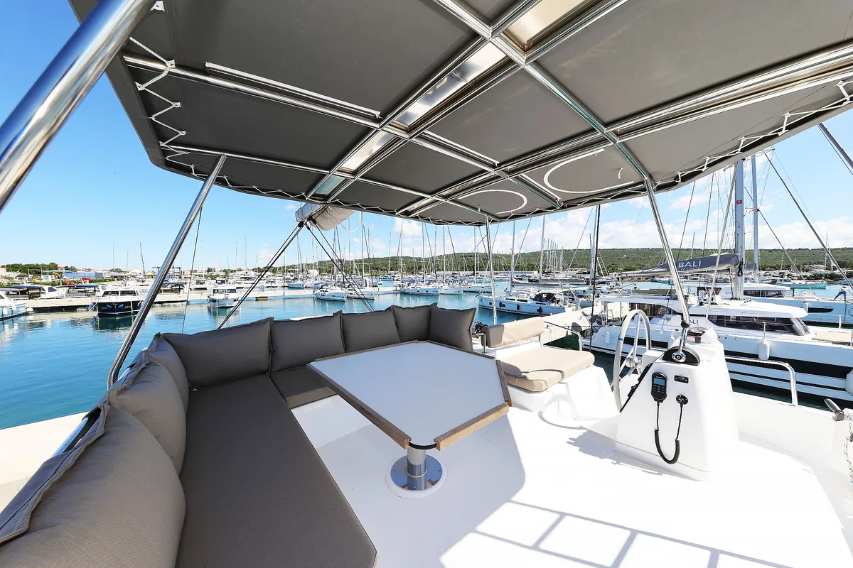 Deck of Hermine, a Bali 4.6 catamaran at Seget Donji, Croatia
