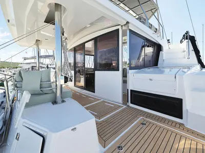 Deck of Hermine, a Bali 4.6 catamaran at Seget Donji, Croatia