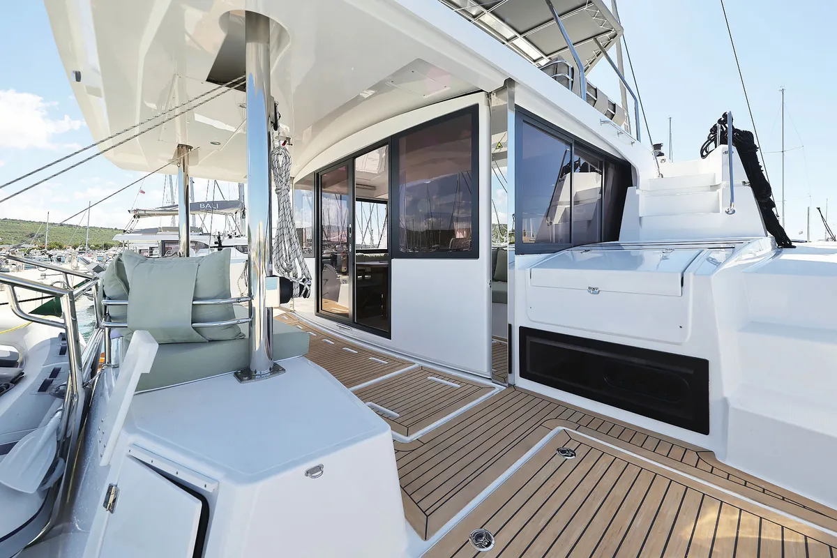 Deck of Hermine, a Bali 4.6 catamaran at Seget Donji, Croatia