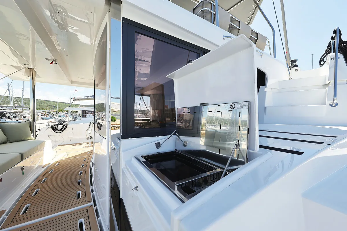 Deck of Hermine, a Bali 4.6 catamaran at Seget Donji, Croatia