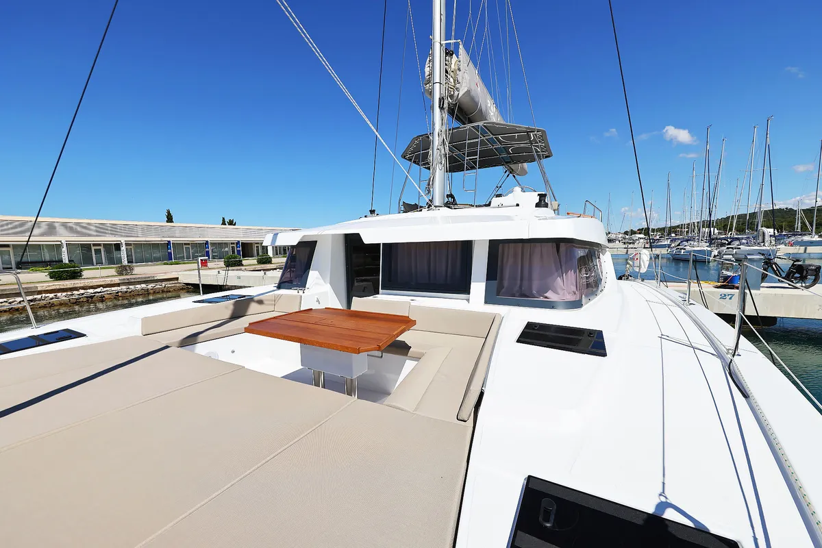 Deck of Hermine, a Bali 4.6 catamaran at Seget Donji, Croatia