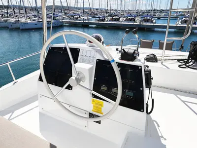 Cockpit of Hermine, a Bali 4.6 catamaran at Seget Donji, Croatia