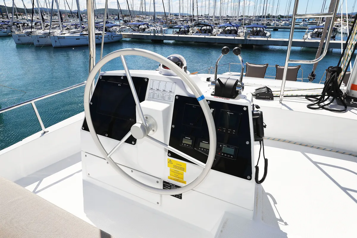 Cockpit of Hermine, a Bali 4.6 catamaran at Seget Donji, Croatia