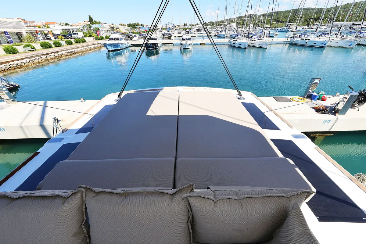 Deck of Hermine, a Bali 4.6 catamaran at Seget Donji, Croatia