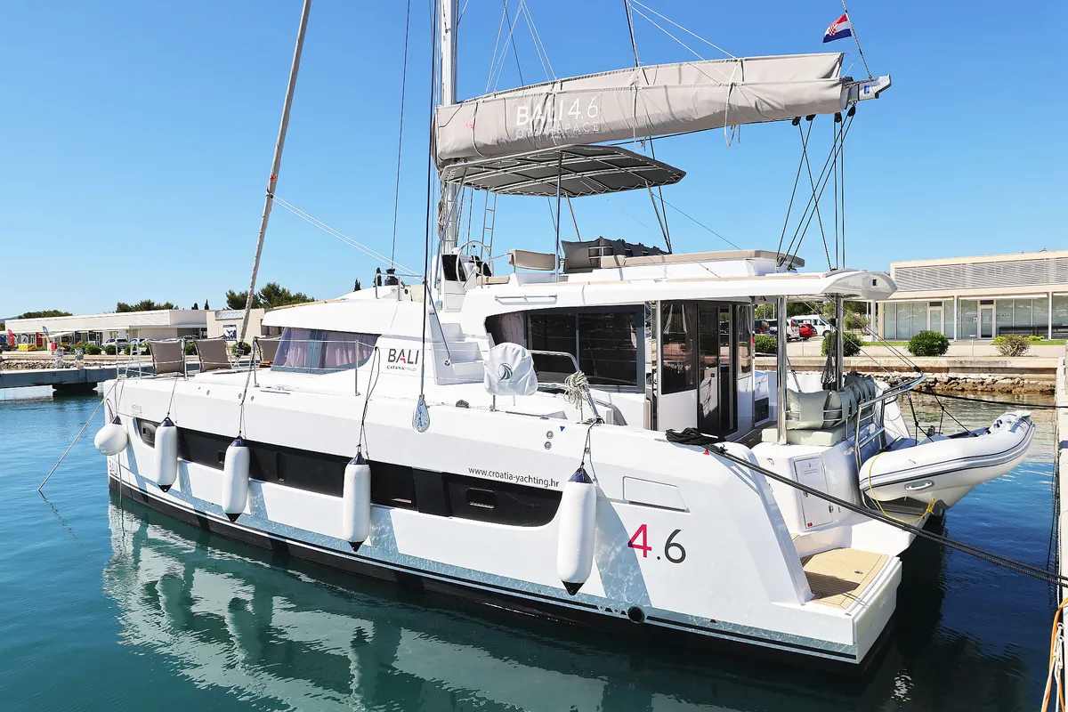 Exterior view of Hermine, a Bali 4.6 catamaran at Seget Donji, Croatia