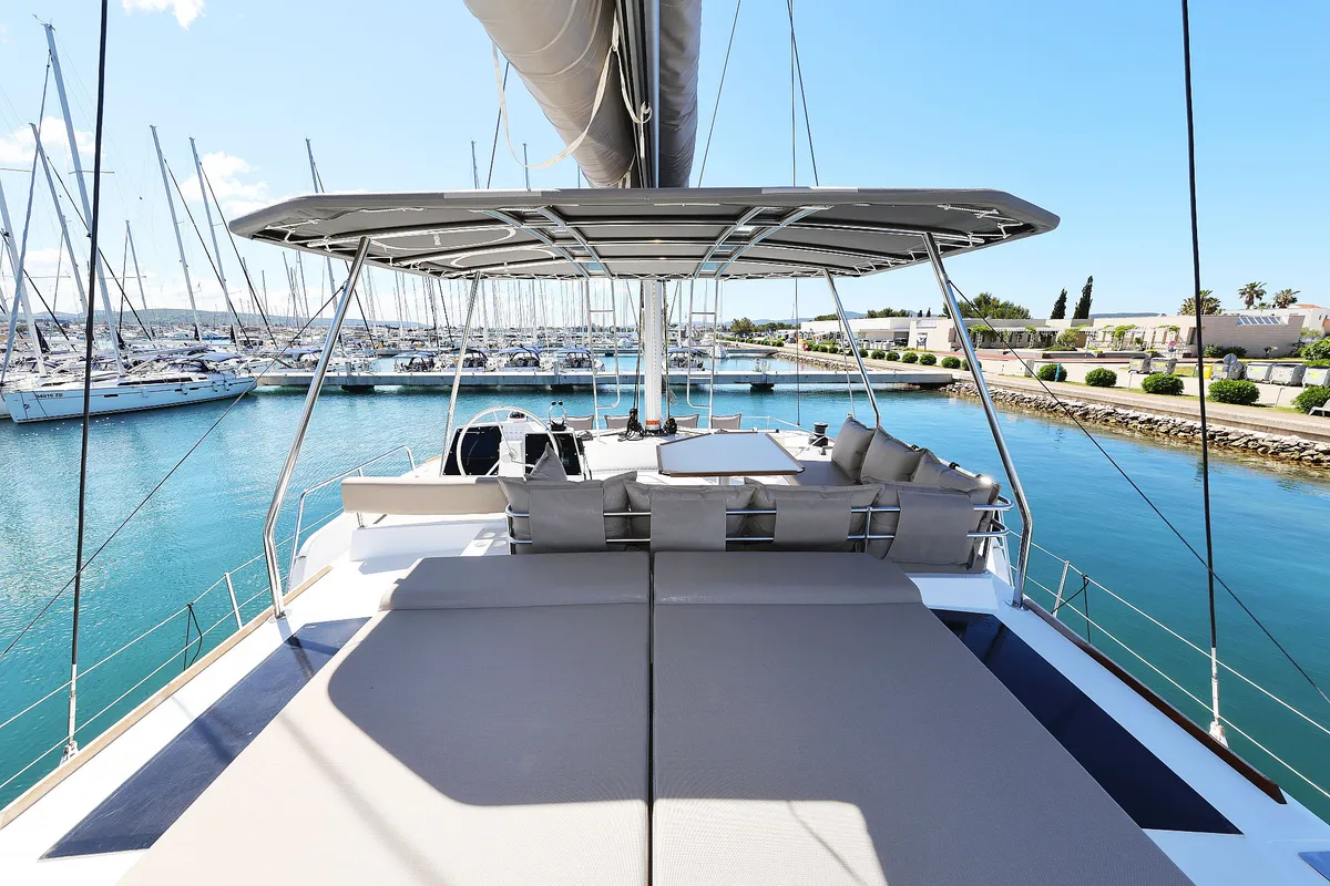 Deck of Hermine, a Bali 4.6 catamaran at Seget Donji, Croatia