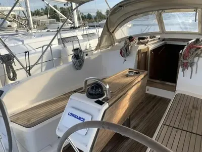 Deck of Erato, a Bavaria 41 Cruiser sailboat at Municipal Unit of Lefkada, Greece
