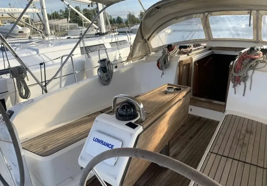 Deck of Erato, a Bavaria 41 Cruiser sailboat at Municipal Unit of Lefkada, Greece