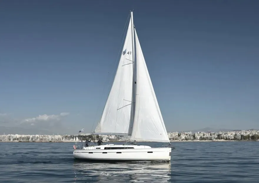 Exterior view of Erato, a Bavaria 41 Cruiser sailboat at Municipal Unit of Lefkada, Greece